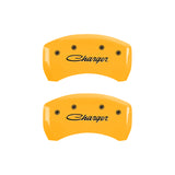 MGP 4 Caliper Covers Engraved Front & Rear 05-10 Dodge Charger R/T Yellow Finish Black Cursive Logo