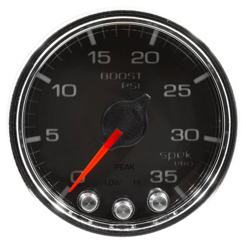 Autometer Spek-Pro Gauge Boost 2 1/16in 35psi Stepper Motor W/Peak & Warn Black/Chrome